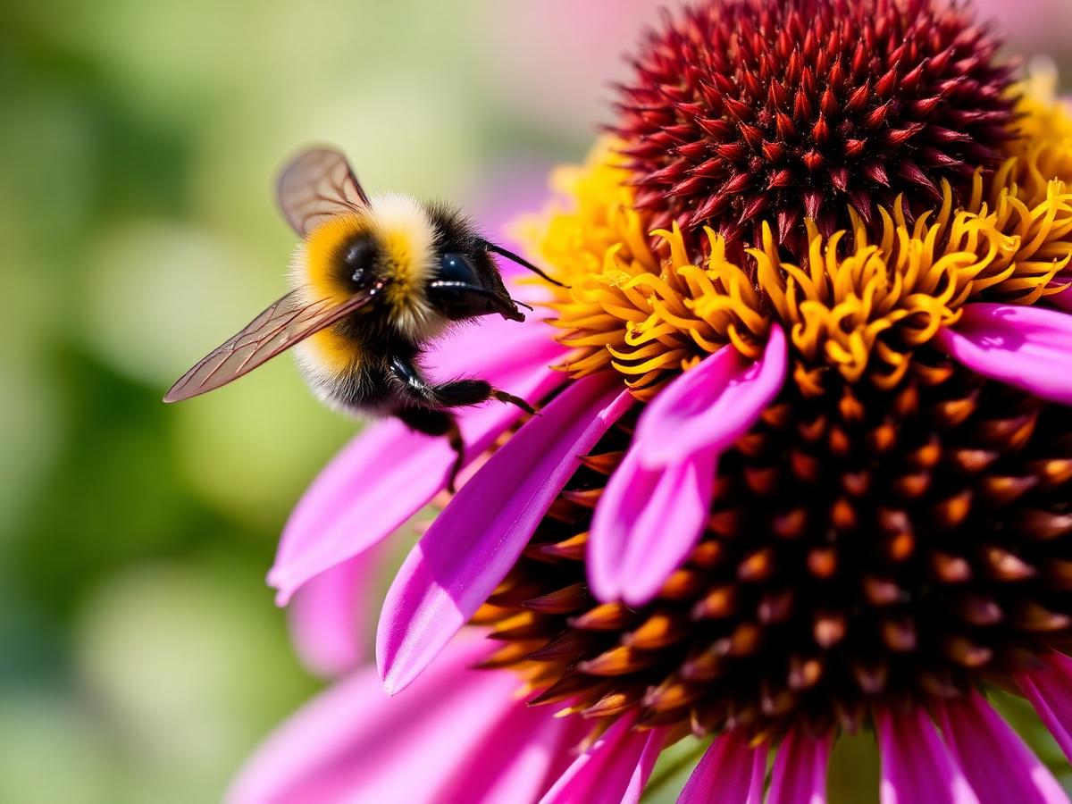 Native bumblebee gathering pollen from a purple coneflower